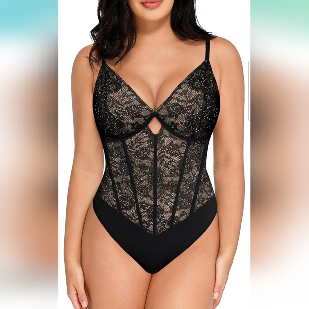 Popilush Black Lace V Neck Shapewear Tummy Control Bodysuit Size Small